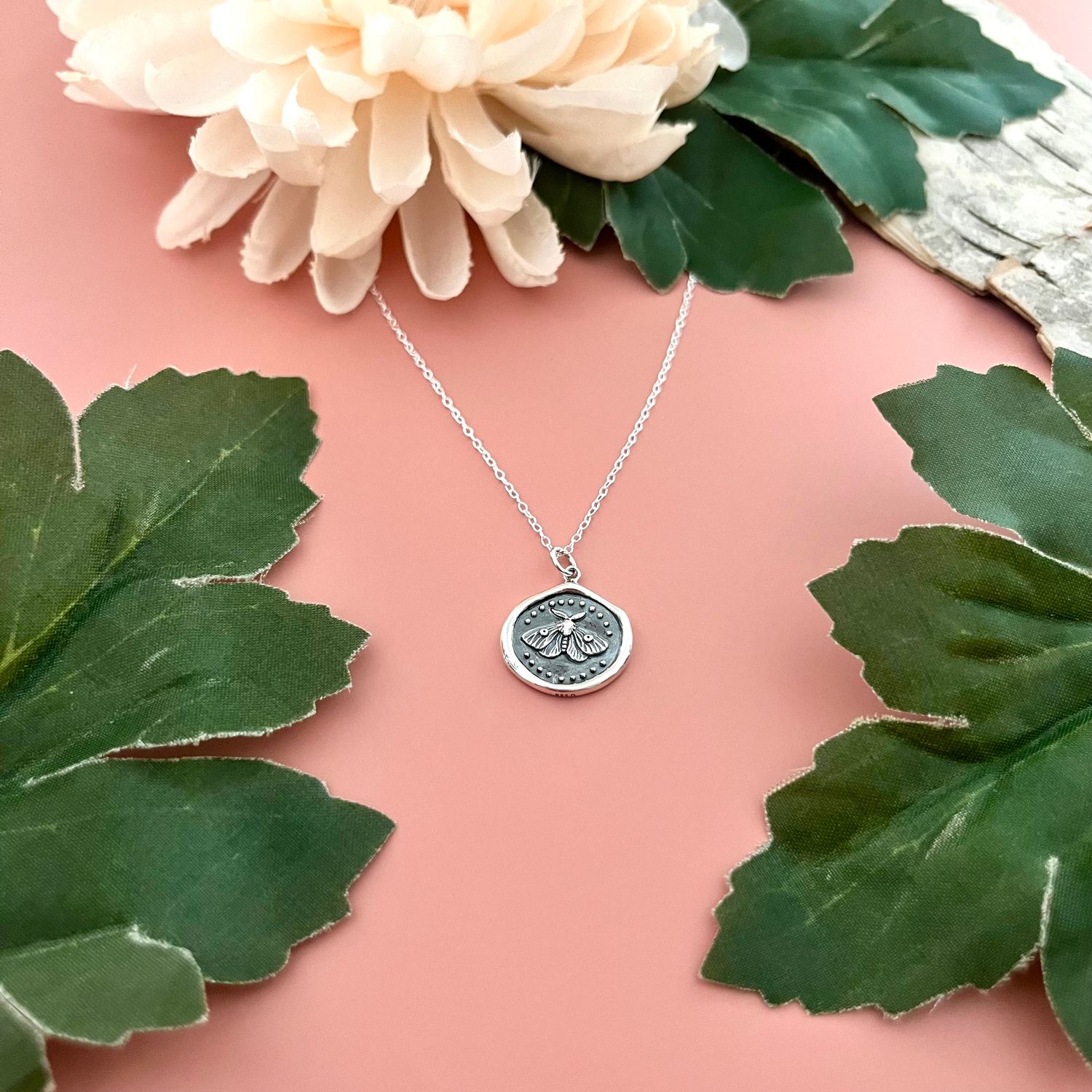Silver Moth Wax Seal Charm Necklace, 16-18&quot;