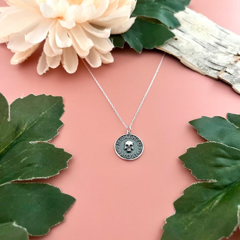Silver Memento Mori Skull Charm Necklace, 16-18&quot;