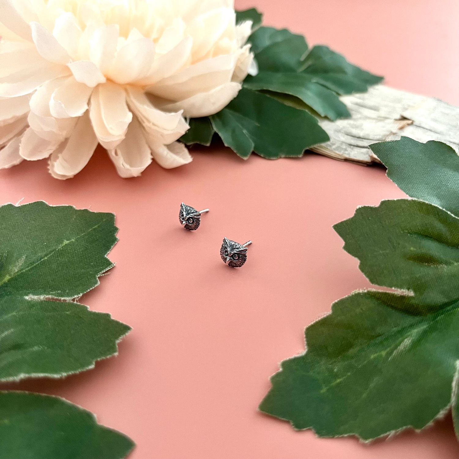 Silver Owl Face Stud Earrings