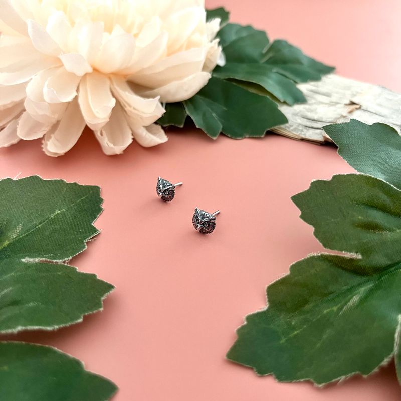 Silver Owl Face Stud Earrings