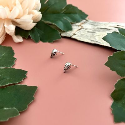 Small Bird Skull Stud Earring, Silver 12 x 7mm