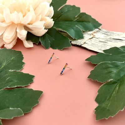 Silver Rainbow Bar Post Earrings w/ Nano Gems