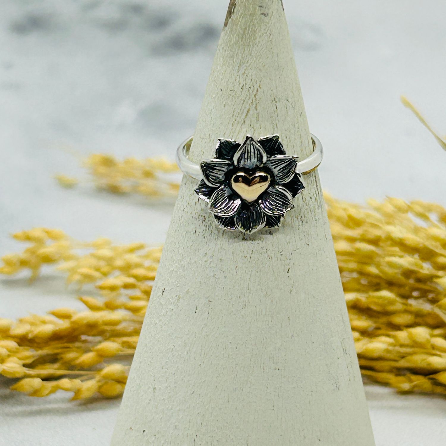 Silver Lotus Ring with Bronze Heart, Size: 5