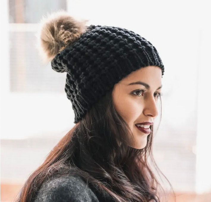 Textured Beanie with Pom Pom, Color: Black