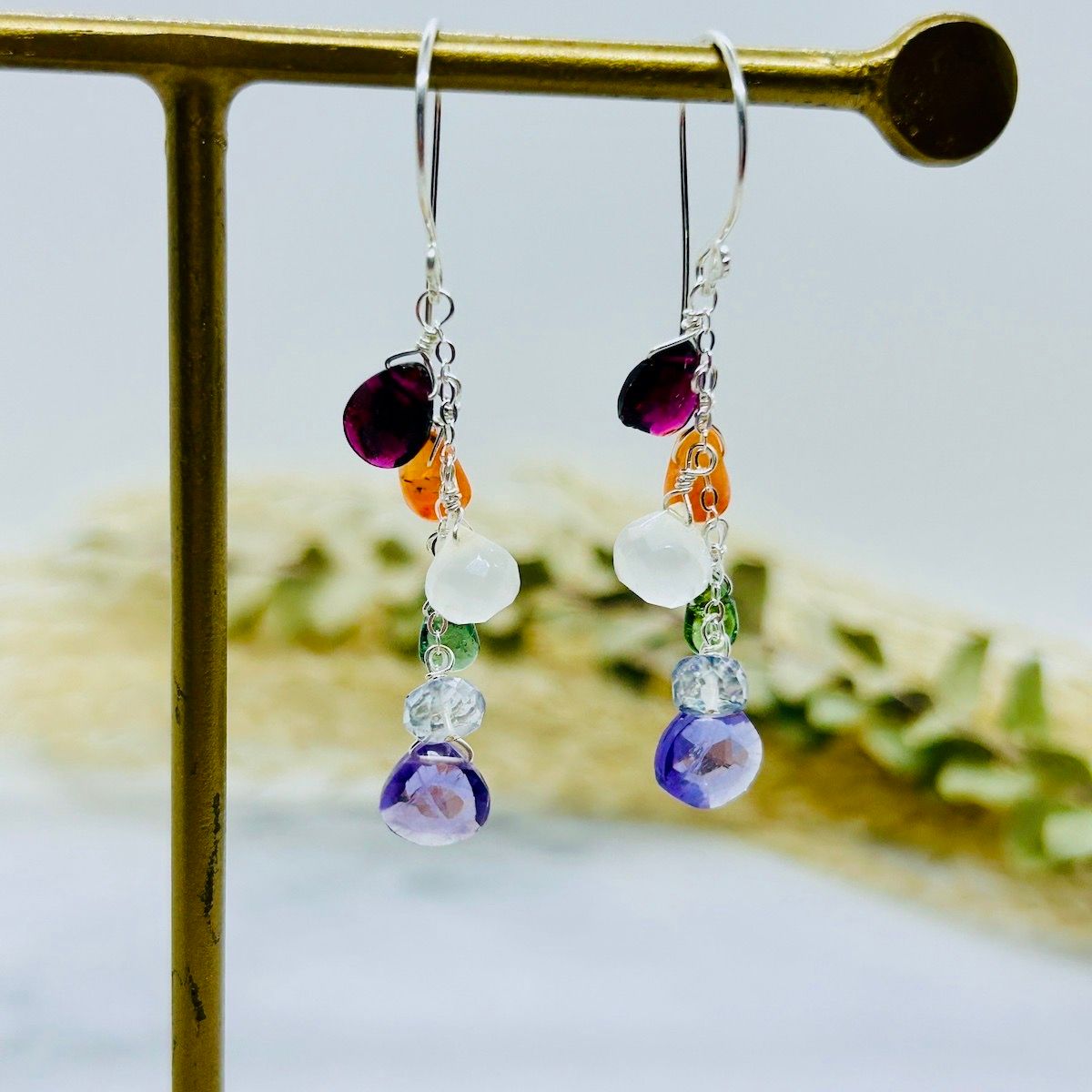 Handmade Earrings with Rainbow Gemstone Cascade, Color: SS