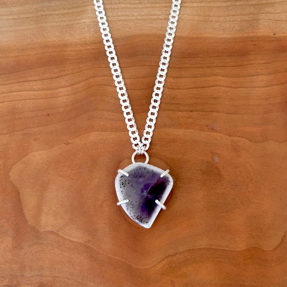 Handmade Necklace with prong set trapiche amethyst, wide curb chain