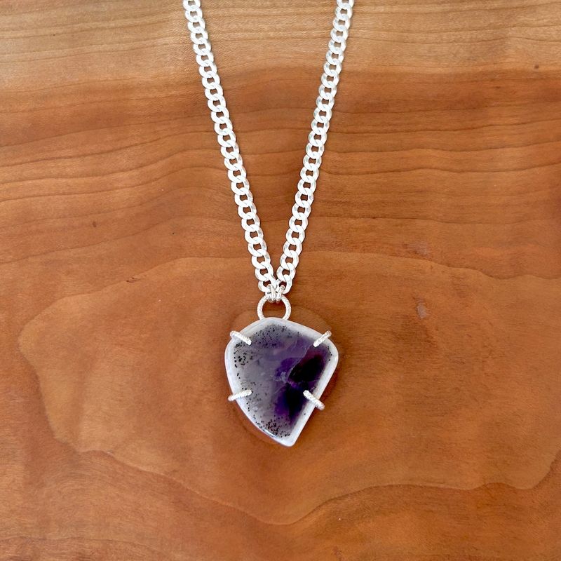 Handmade Necklace with prong set trapiche amethyst, wide curb chain