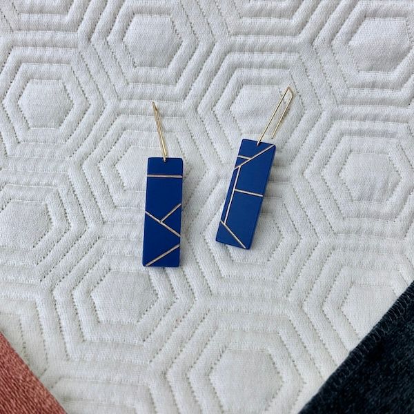 Freja Geo Rectangle Acrylic Earrings, Color: Cobalt + Soft Gold
