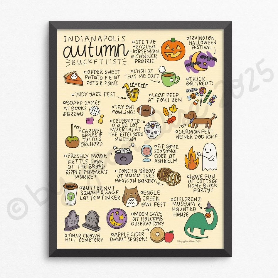 Indy Autumn Bucket List Print by local artist Jean Elise, 8.5 x 11