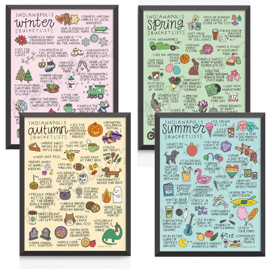 Indy Seasonal Bucket List Prints (set/4) by local artist Jean Elise, 8.5 x 11