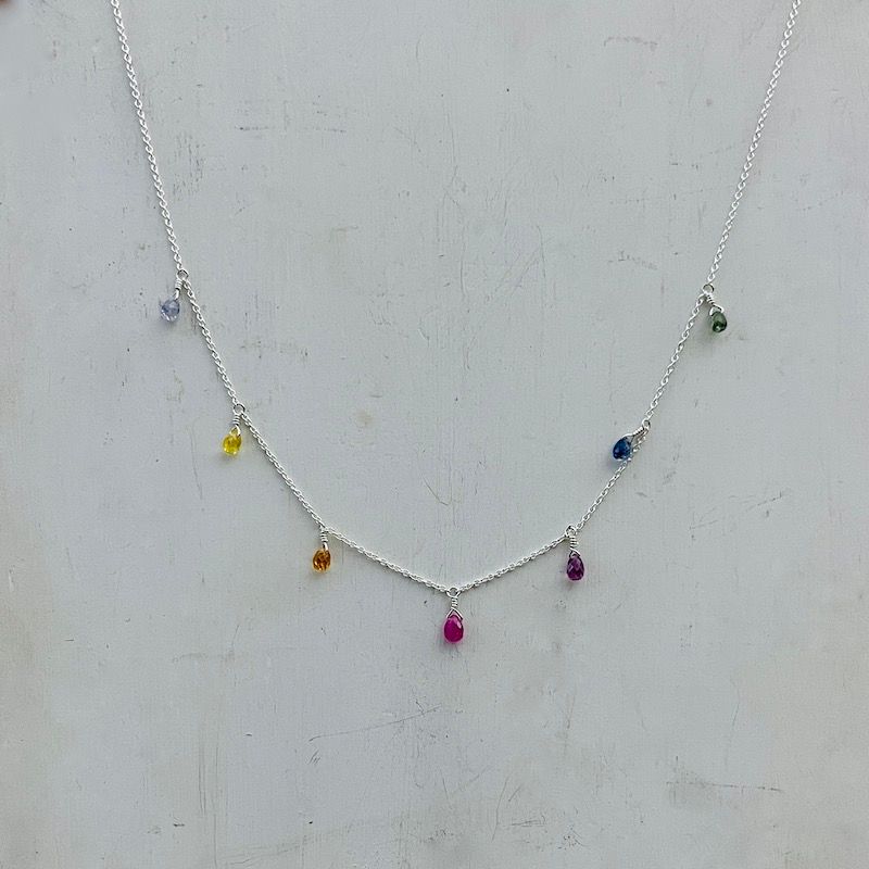 Handmade chain with multi sapphire drops silver necklace