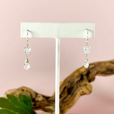 Handmade Earrings with sky blue topaz briolette, stack 3 aquamarine discs