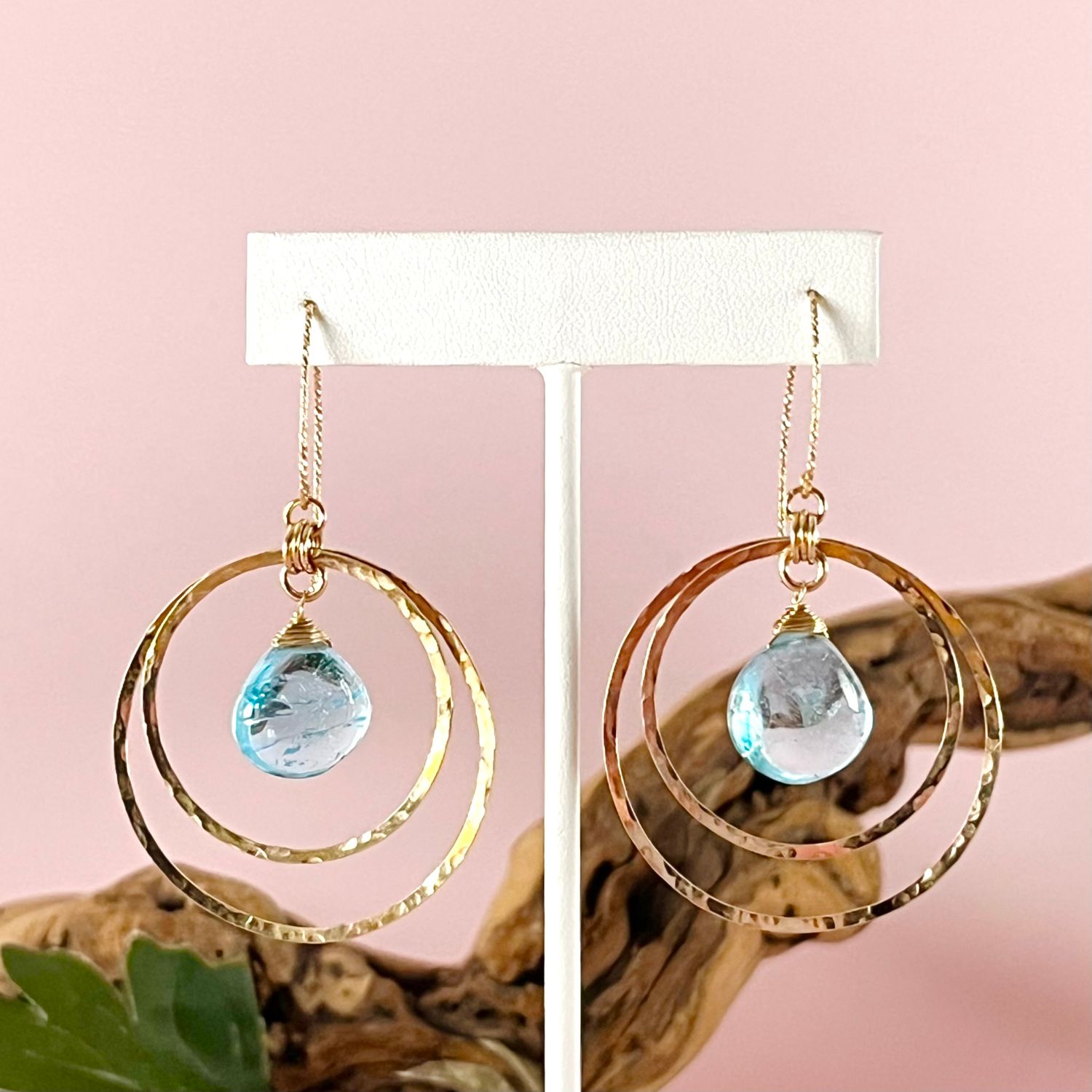 Handmade Earrings with 2 hammered 14 k gf rings, swiss blue topaz briolette