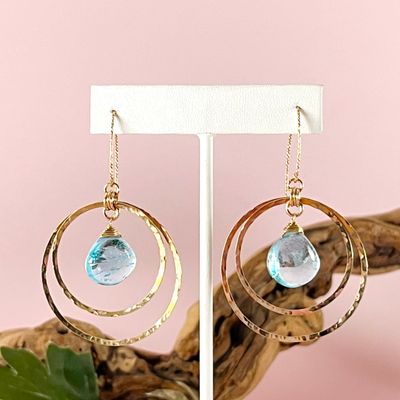 Handmade Earrings with 2 hammered 14 k gf rings, swiss blue topaz briolette