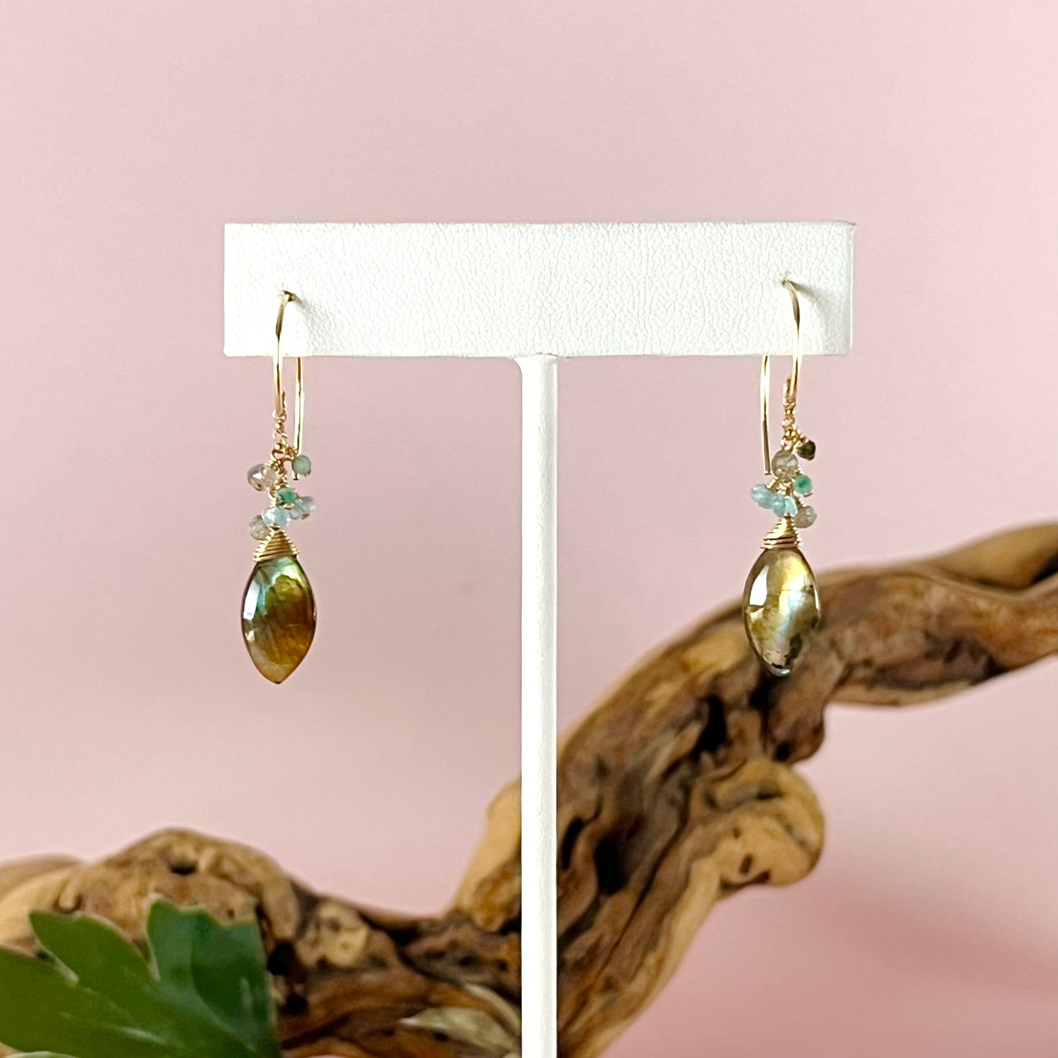 Handmade Earrings with  14 k gold gf dangle labradorite briolette, apatite, emerald