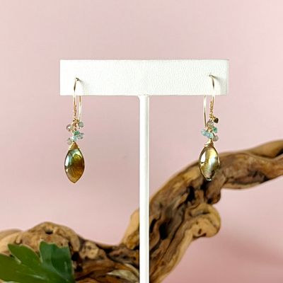Handmade Earrings with  14 k gold gf dangle labradorite briolette, apatite, emerald