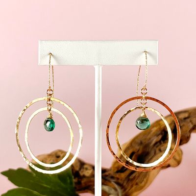 Handmade Earrings with green hydro briolette, 2 hammered 14 k gf rings