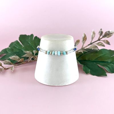 Handmade Bracelet with sodalite/aquamarine cubes, larimar, rainbow moonstone