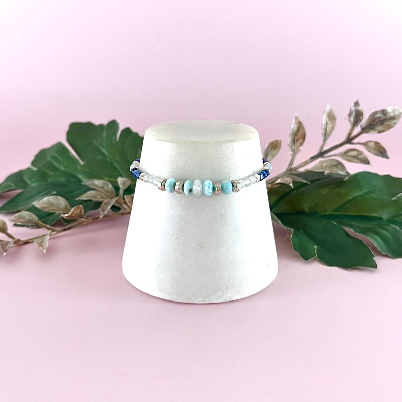 Handmade Bracelet with sodalite/aquamarine cubes, larimar, rainbow moonstone