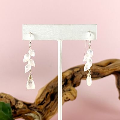 Handmade Earrings with 4 rainbow moonstone stack, rainbow moonstone briolette dangle