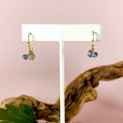 Handmade Earrings with labradorite ball, sapphire, 14 k gold gf
