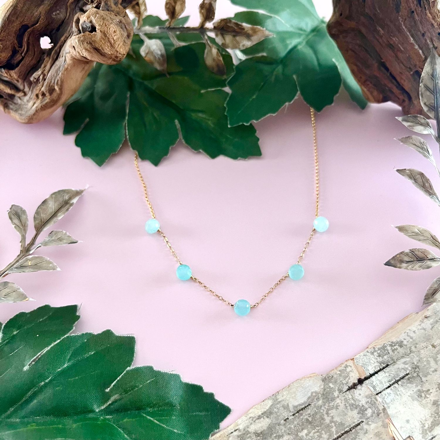Handmade Necklace with 5 Peruvian chalcedony onions on 14 k gf chain