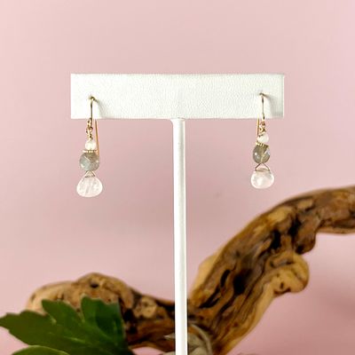 Handmade Earrings with rainbow moonstone briolette, labradorite coin 14 k gf