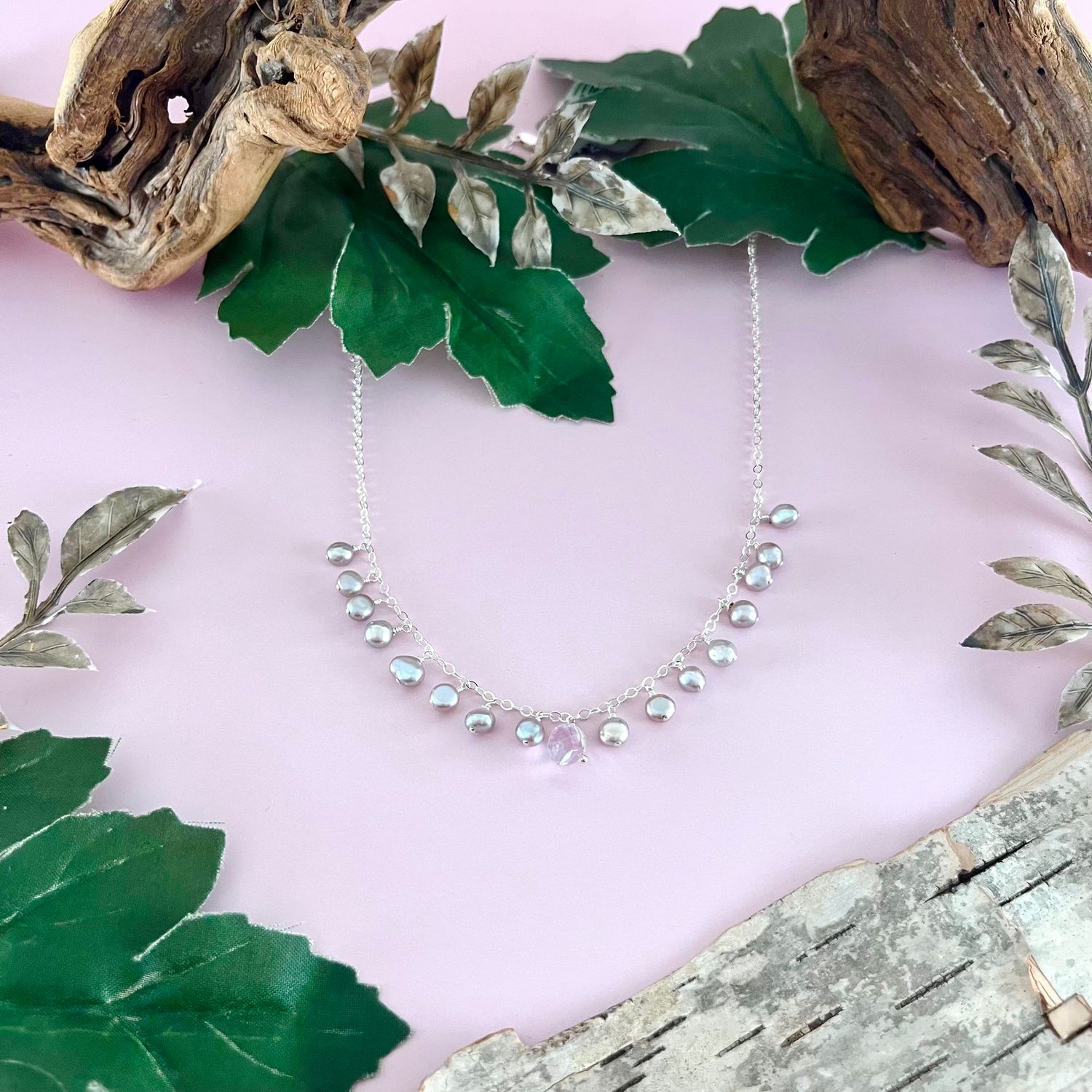 Handmade Necklace with champagne pearls, 1 ametrine dangle across