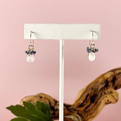 Handmade Earrings with rainbow moonstone briolette, blue sapphire cluster