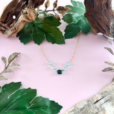 Handmade Necklace with indicolite quartz briolette, 4 peruvian chalcedony coins, 14 k gf