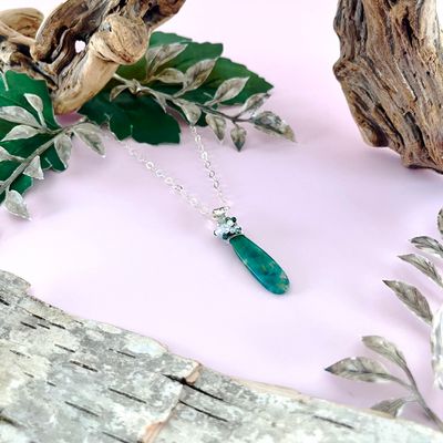 Handmade Necklace with moss agate briolette, blue chalcedony, moss agate wrapped