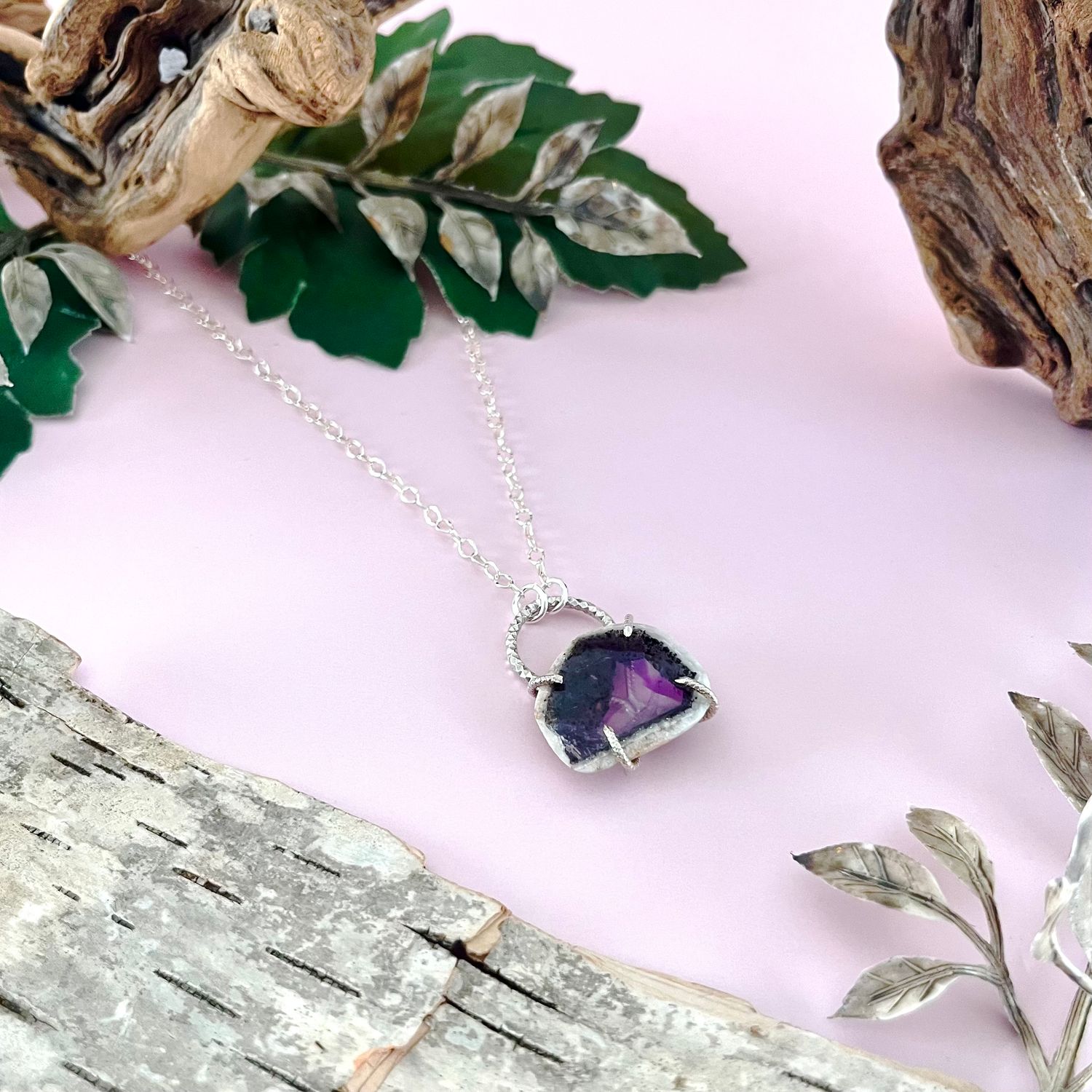 Handmade Necklace with prong set trapiche amethyst