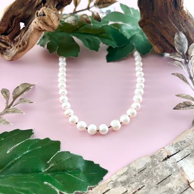 Handmade Necklace with white pearls knotted on tan silk
