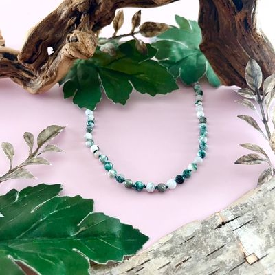 Handmade Necklace with moss agate knotted on hand dyed green silk, leaf clasp