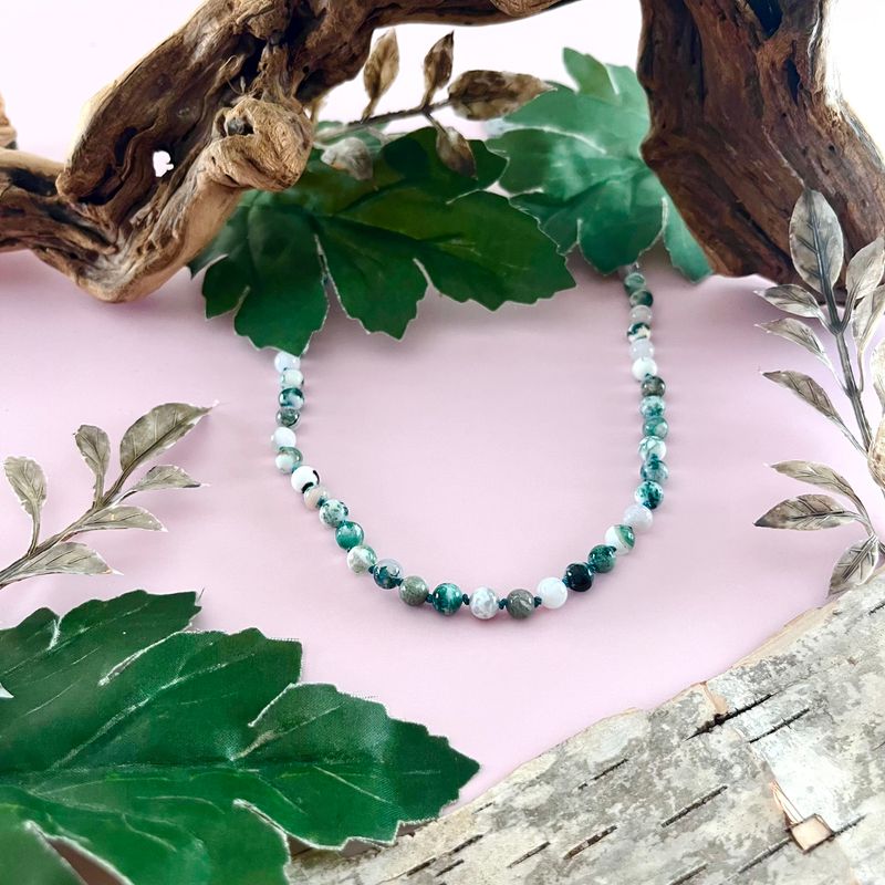 Handmade Necklace with moss agate knotted on hand dyed green silk, leaf clasp