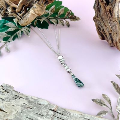 Handmade Necklace with recycled silver pebbles, moss agate