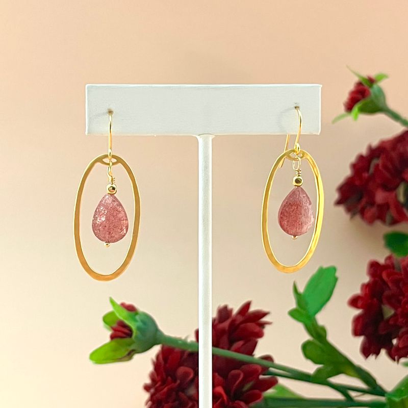 Handmade Strawberry Quartz in 14k GF Oval Earrings
