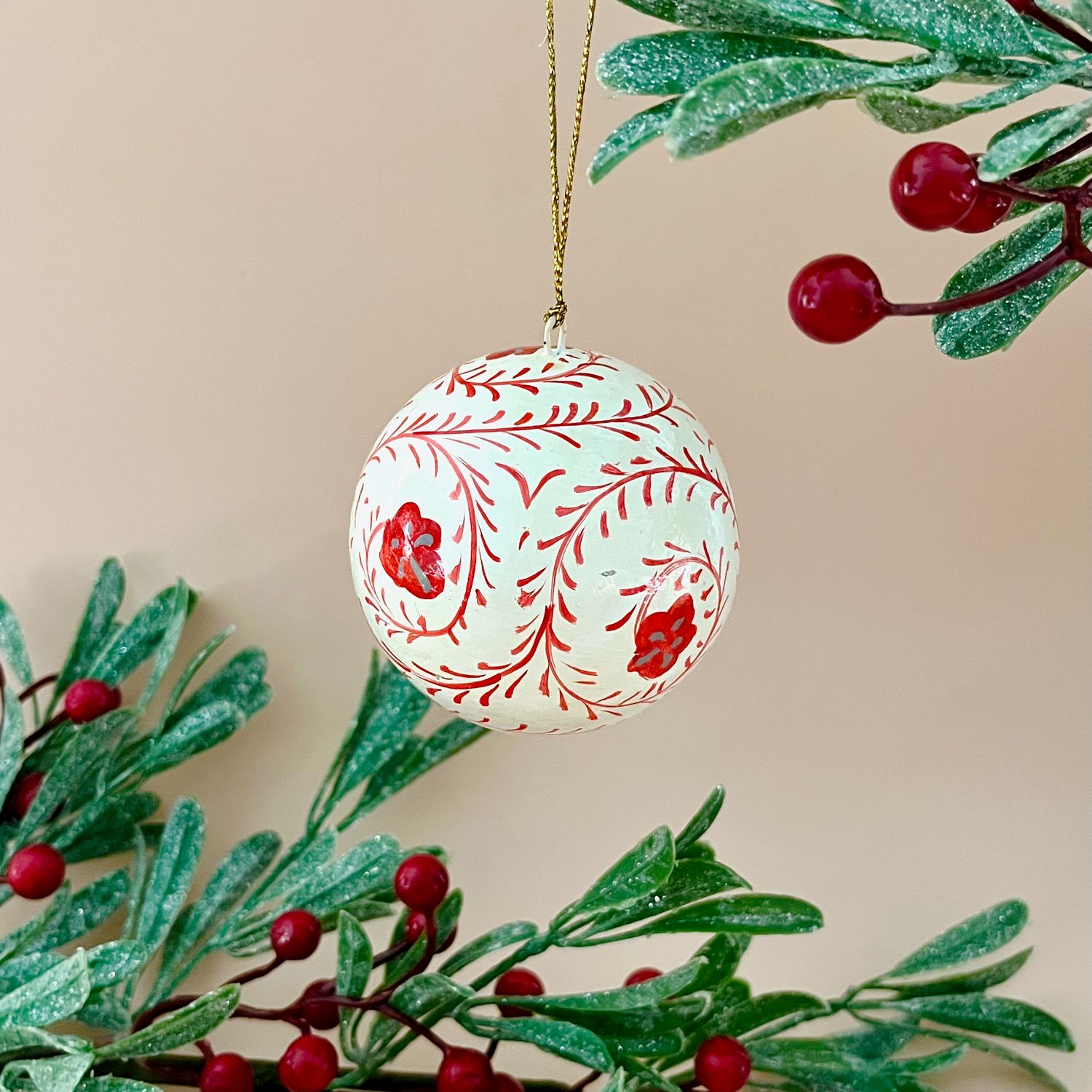 Hand-Painted Red Paper Mache Ball Ornament, 3&quot;, Style: Floral