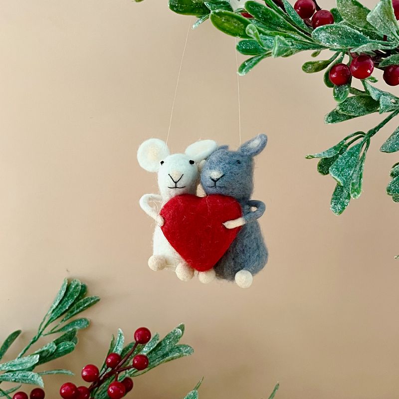 Wool Felt Mice w/ Heart Ornament