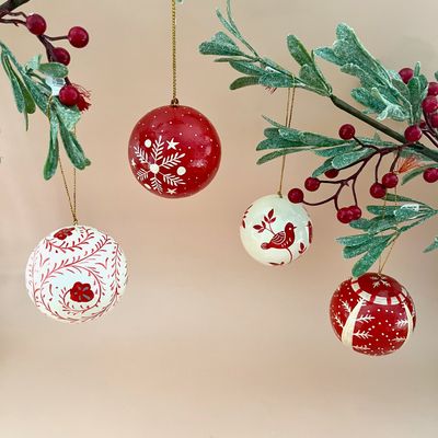 Hand-Painted Red Paper Mache Ball Ornament, 3"