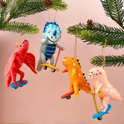 Wool Felt Dinosaur on Skateboard/Scooter Ornament