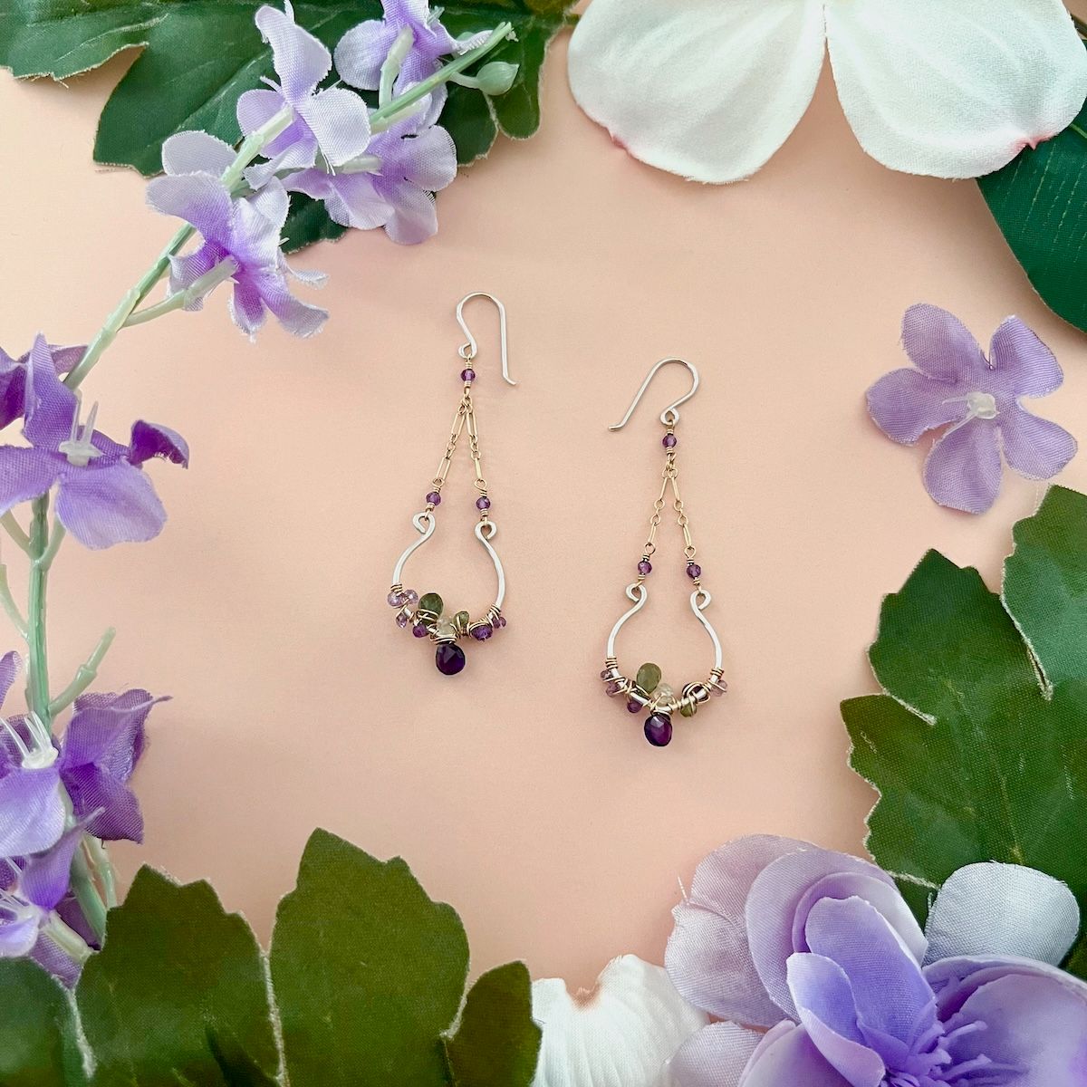 Desert Bloom Collection, Style: Silver Frame Earring with Gemstone Wraps