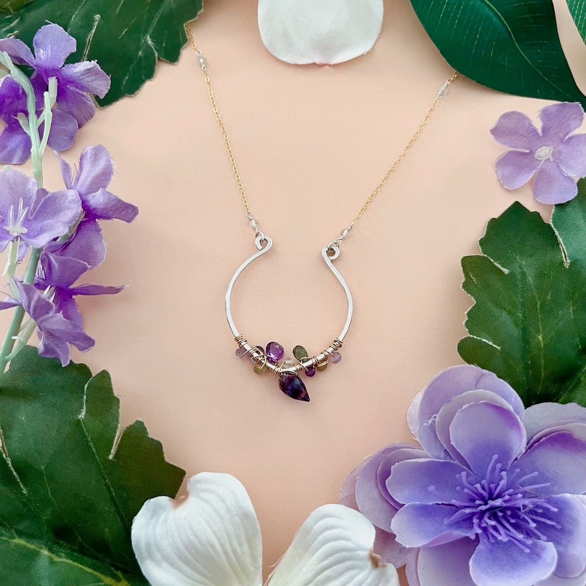 Desert Bloom Collection, Style: Silver Pendant with Gold Gemstone Wraps Necklace, 16+2&quot;