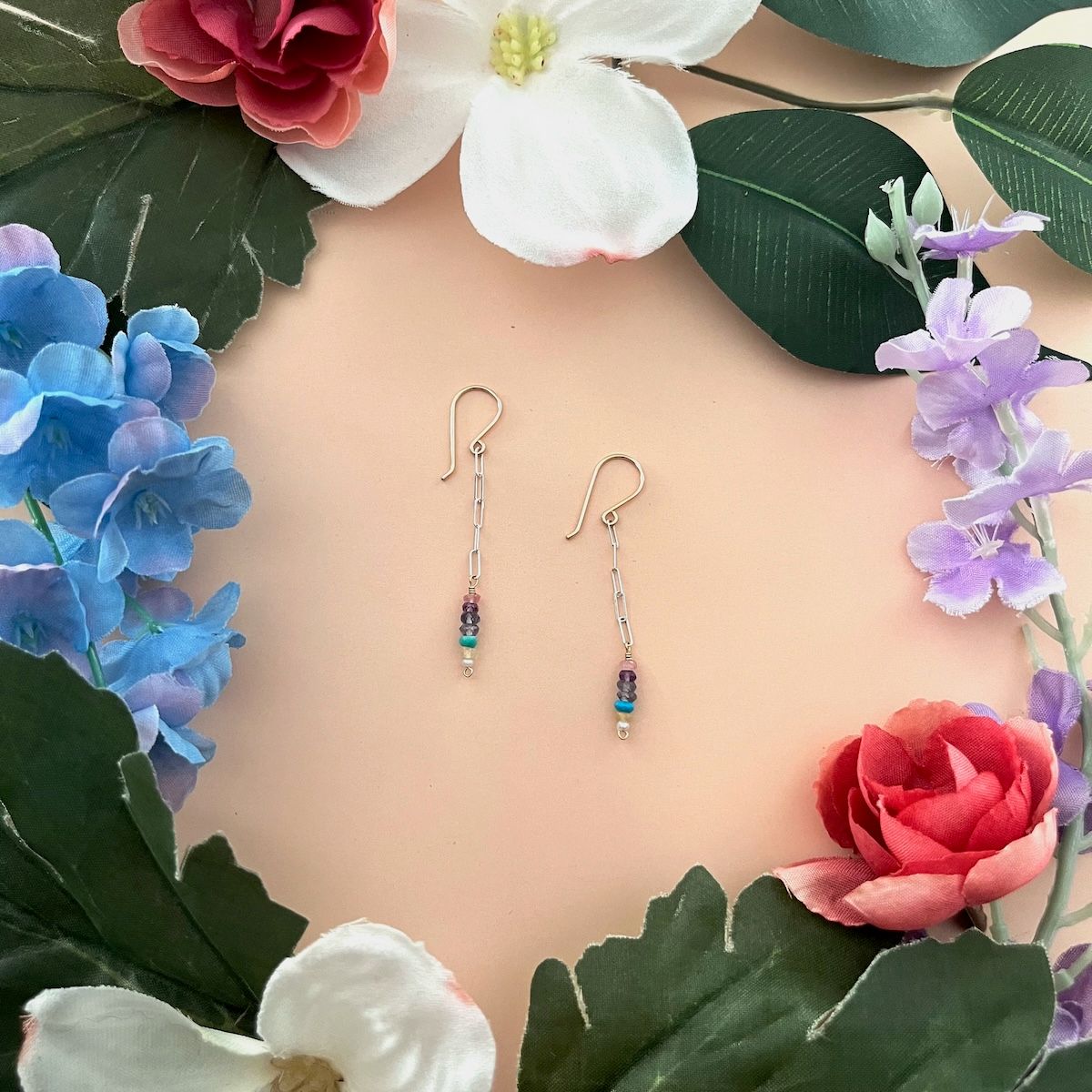 Mystic Naiad Drop Earrings: pearl, opal, turquoise, amethyst, and mystic pink quartz