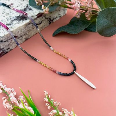 Handmade long drop on multi sapphire necklace in Silver