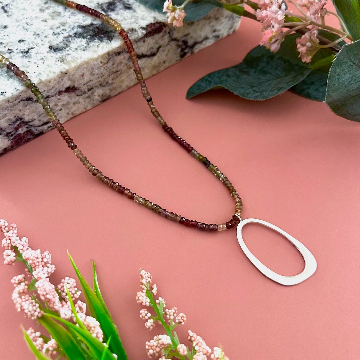 Handmade oval on tundra sapphire necklace in Silver