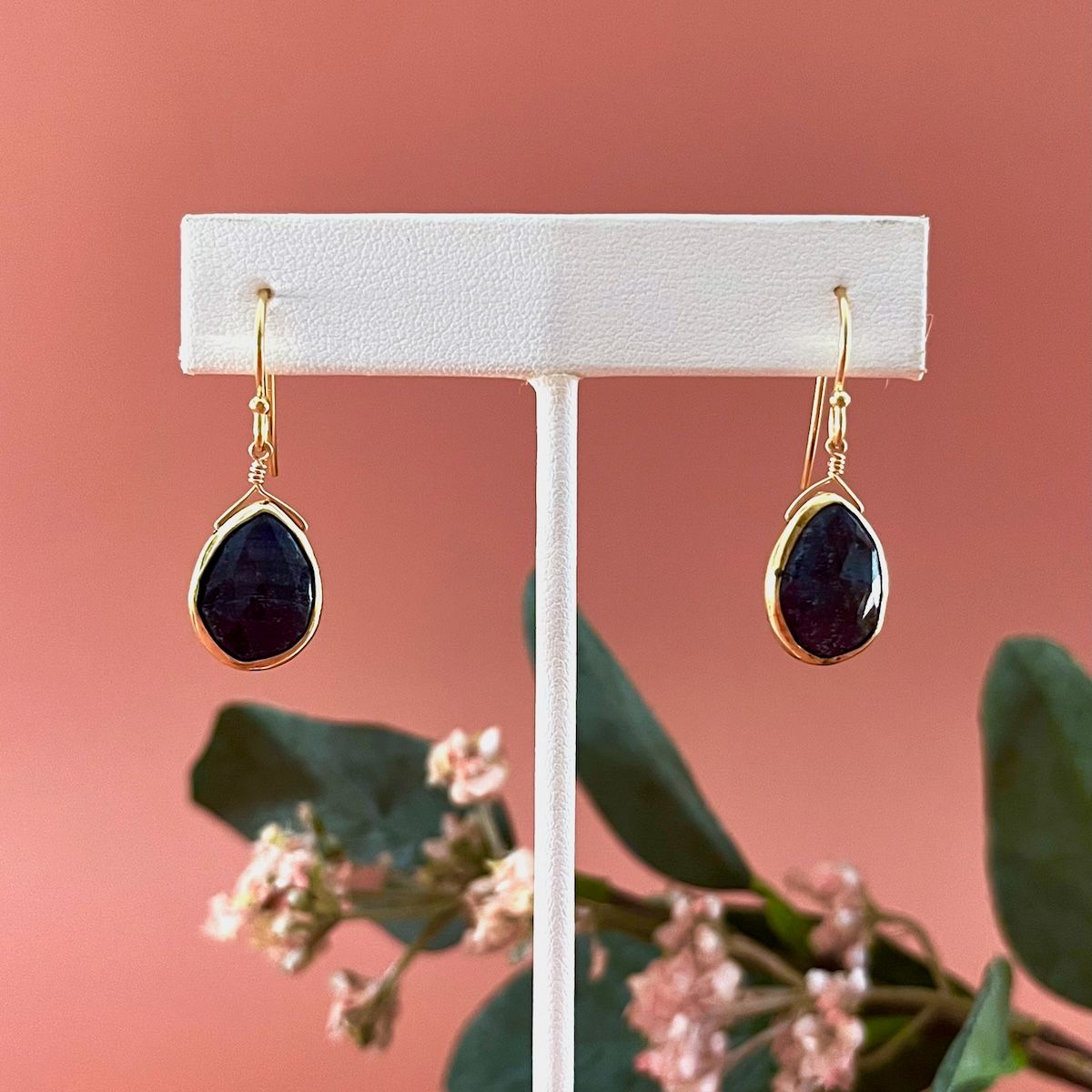 Handmade sapphire drop earrings, gold vermeil