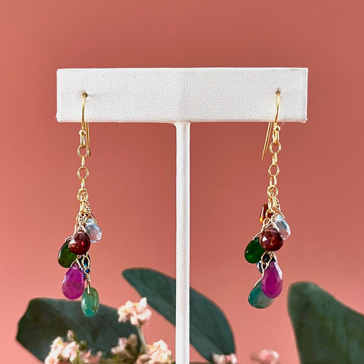 Handmade mixed stone cluster earrings, gold vermeil