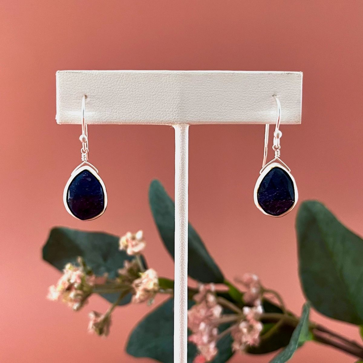 Handmade sapphire drop earrings, silver