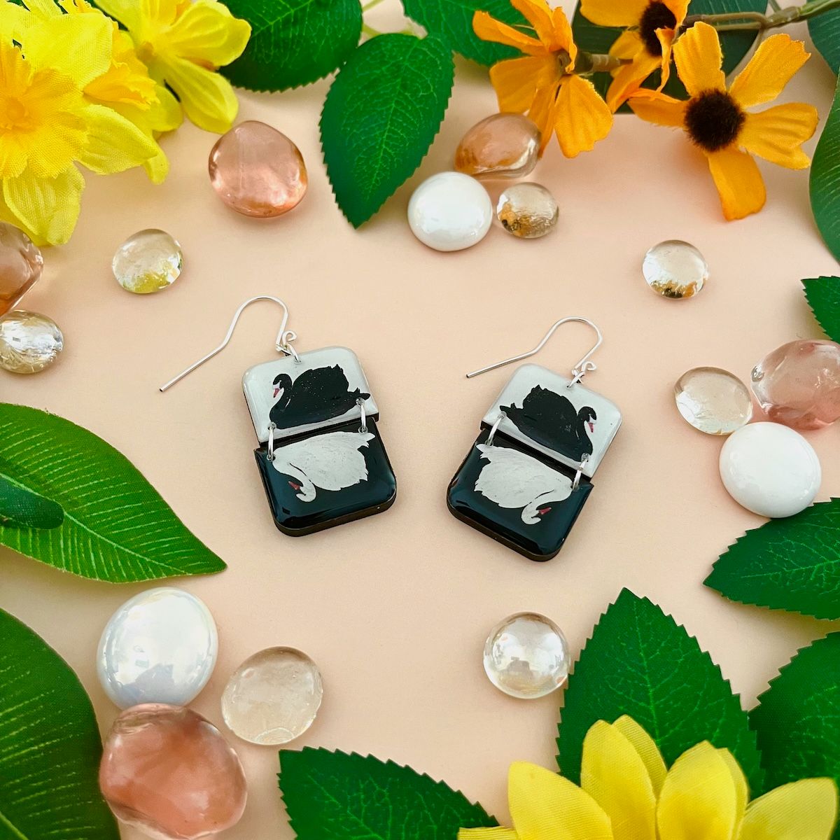 French Swan Paper &amp; Wood Half Rectangle Stack Earrings